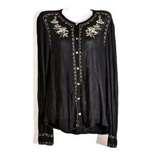 Lucky Brand Women's Size XL Button Up Long Sleeve Shirt Embroidery Lightweight